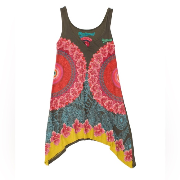 Desigual Greenish Gray Multicolor Design Sleeveless Tunic Mini Dress - Picture 2 of 11